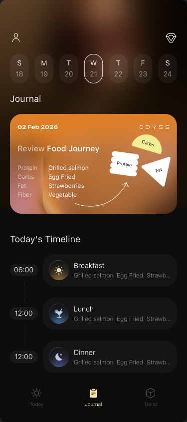 Odyss Diary page showing a food journey card and daily meal timeline