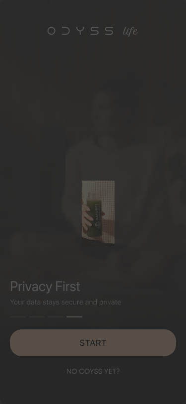 Odyss Beta App privacy-first onboarding screen from the Figma design