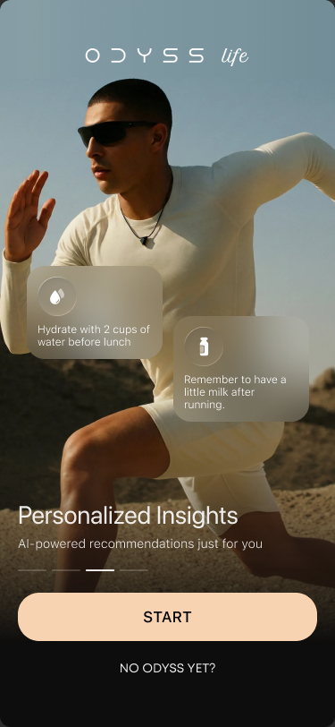 Odyss personalized insights onboarding screen showing hydration and activity suggestions