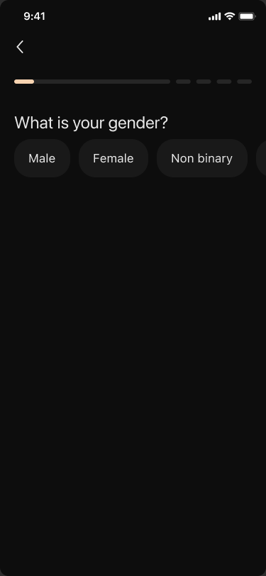 Odyss profile setup gender selection screen from the Figma design