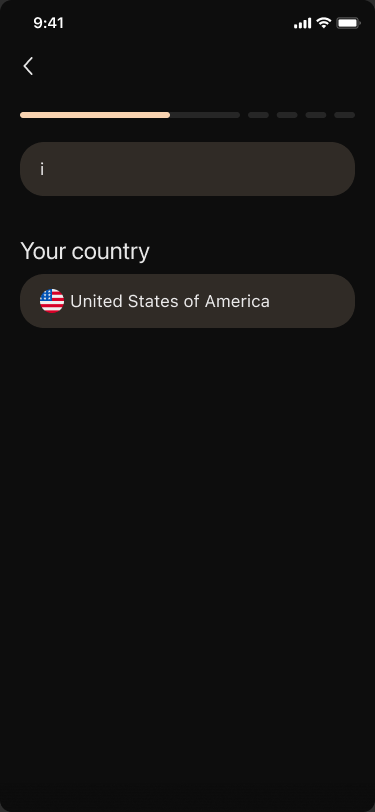 Odyss profile setup country selection screen from the Figma design